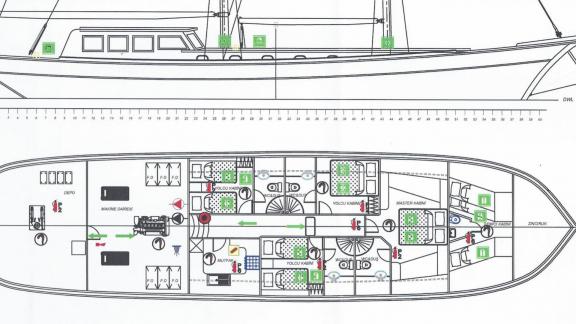 Detaillierter Grundriss der Gulet Ros Mare, mit Kabinen und Einrichtungen an Bord.